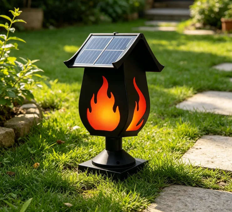 Solar Garden Light Outdoor Waterproof - Solar Column Headlights Simulated Flame Lights