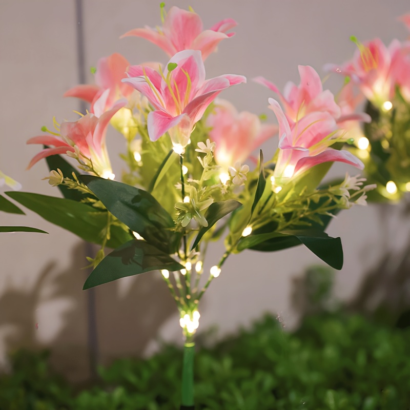 Solar Ground Light Driveway - Multi-Bloom Pink Lily Solar Garden Stake